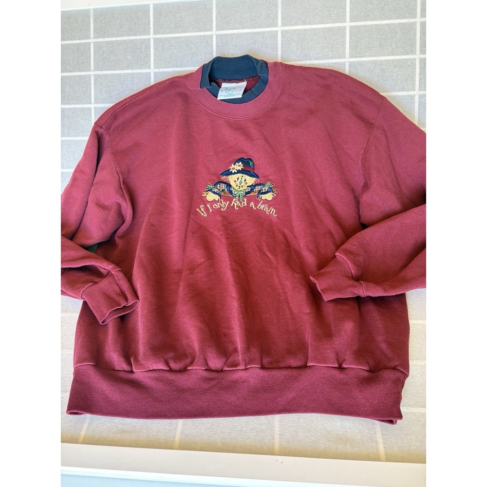 VTG 90s Oz Scarecrow Sweatshirt L Maroon Double Collar Fall Autumn Sweater Crew